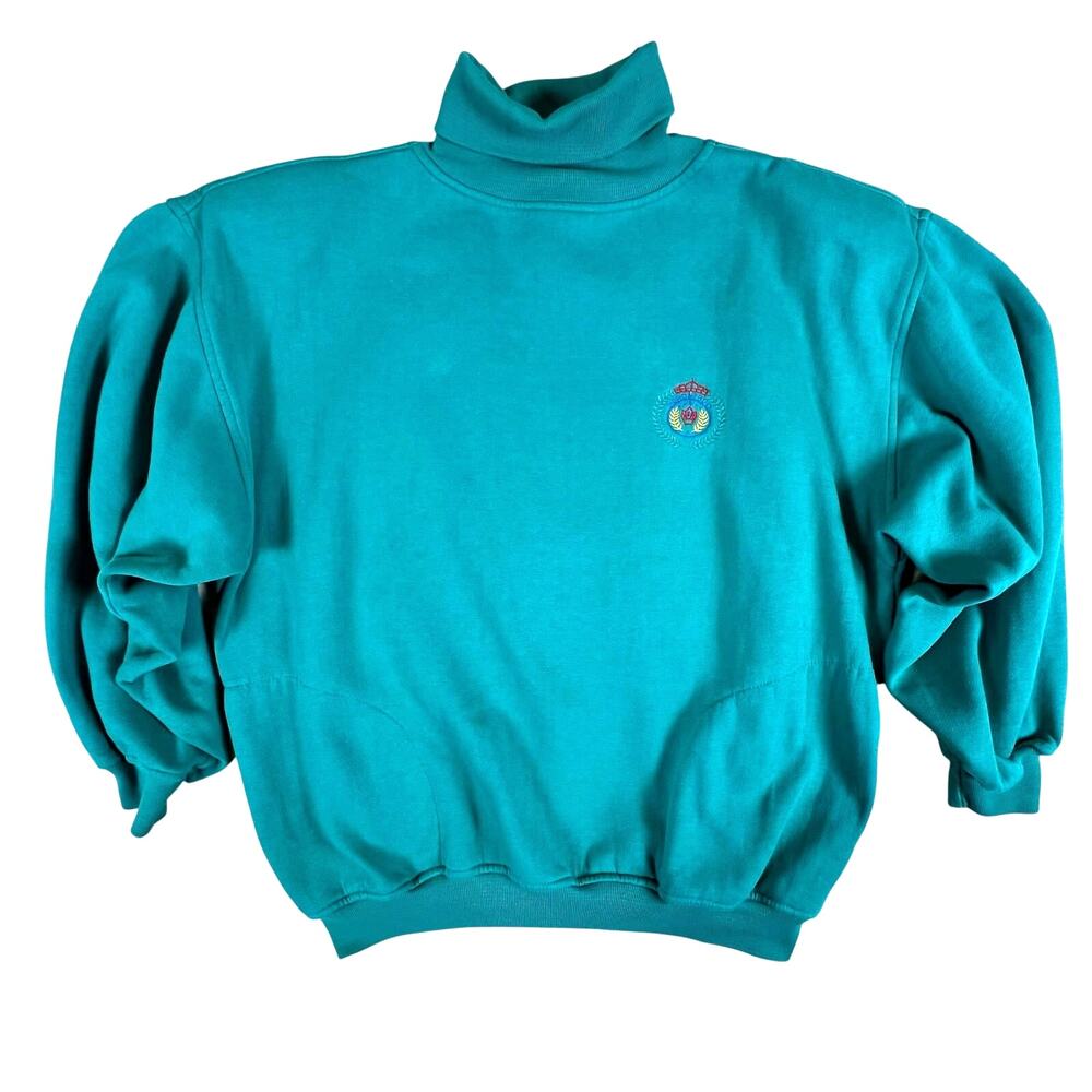 Vintage 90s Teal Mock Neck Sweatshirt L Embroidered Crest Logo Pullover Korea